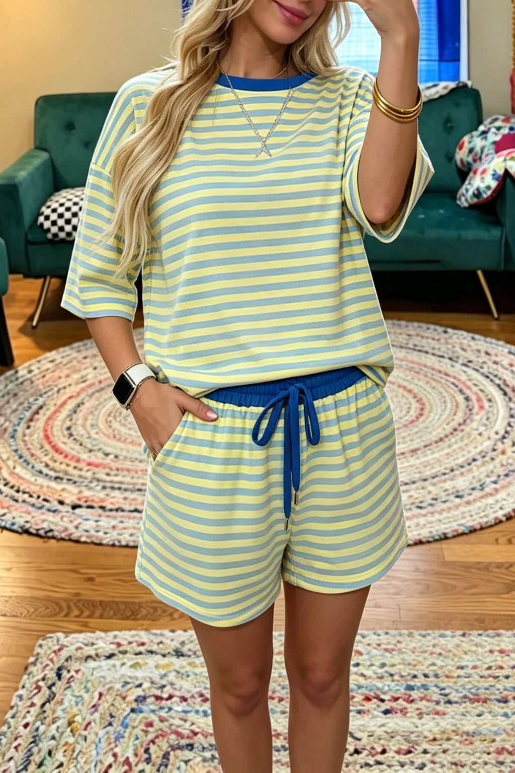 Striped Short Sleeve Shorts Set