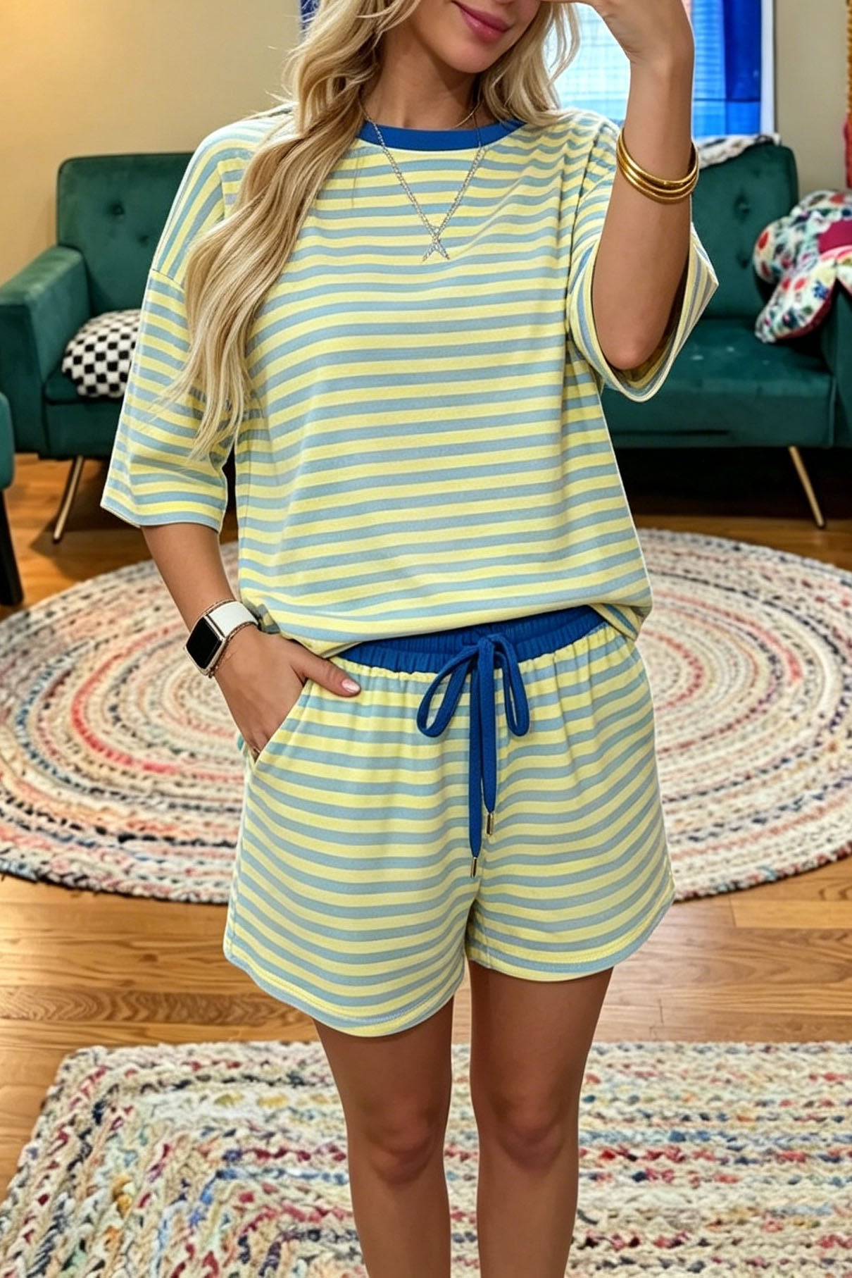Striped Short Sleeve Shorts Set