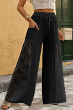 Lace Splicing Drawstring Wide Leg Pants