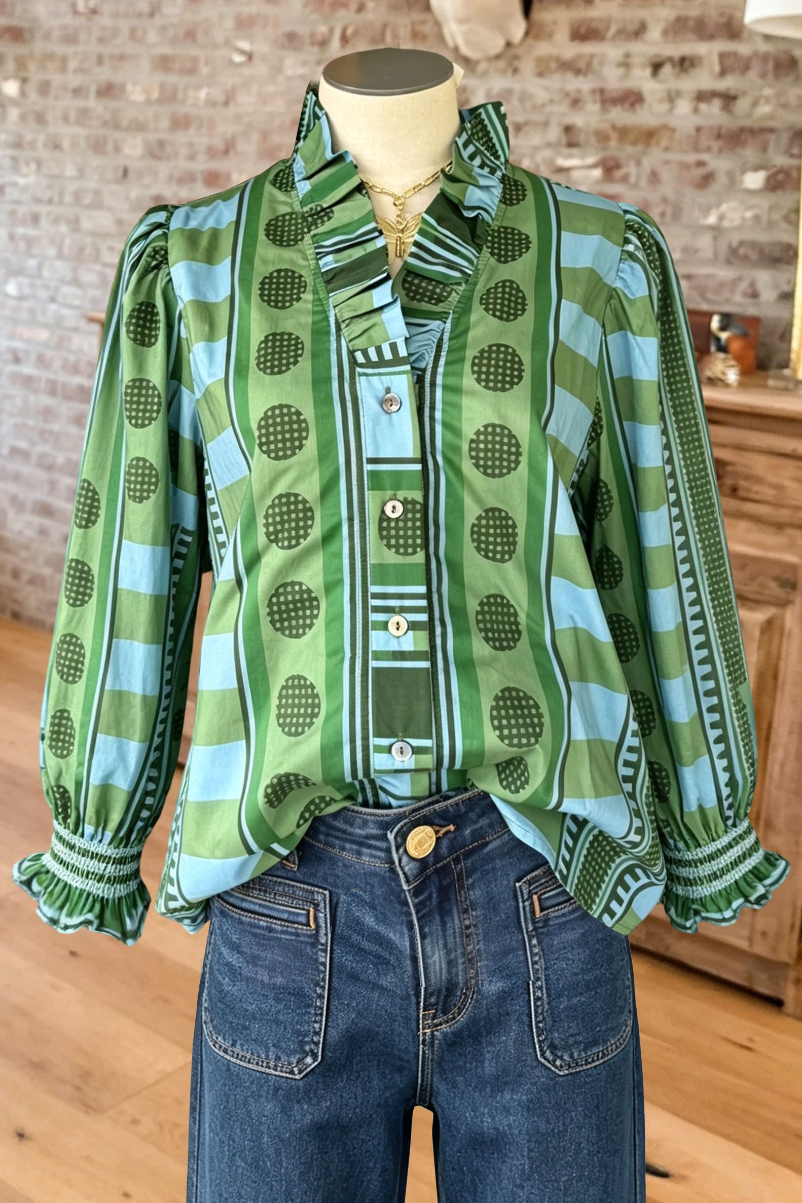 Printed Ruffle Neck Blouse