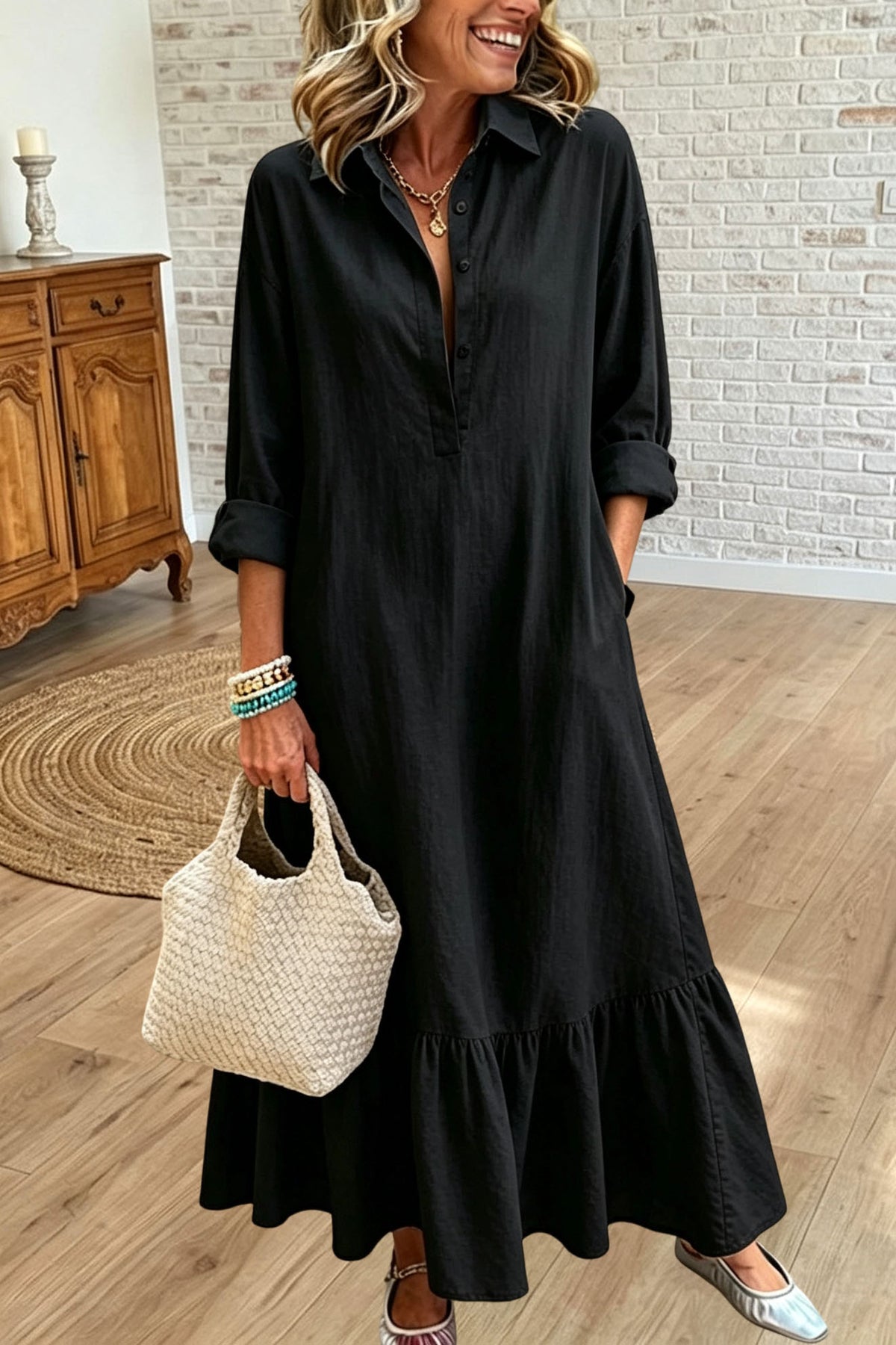 Long Sleeve Tiered Shirt Maxi Dress