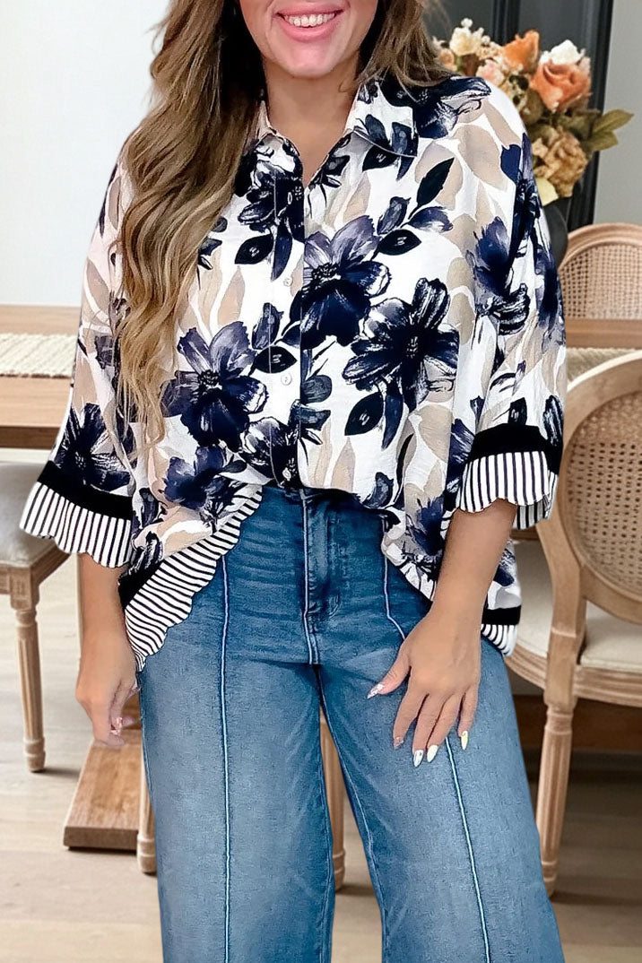 Floral Print Striped Trim Blouse