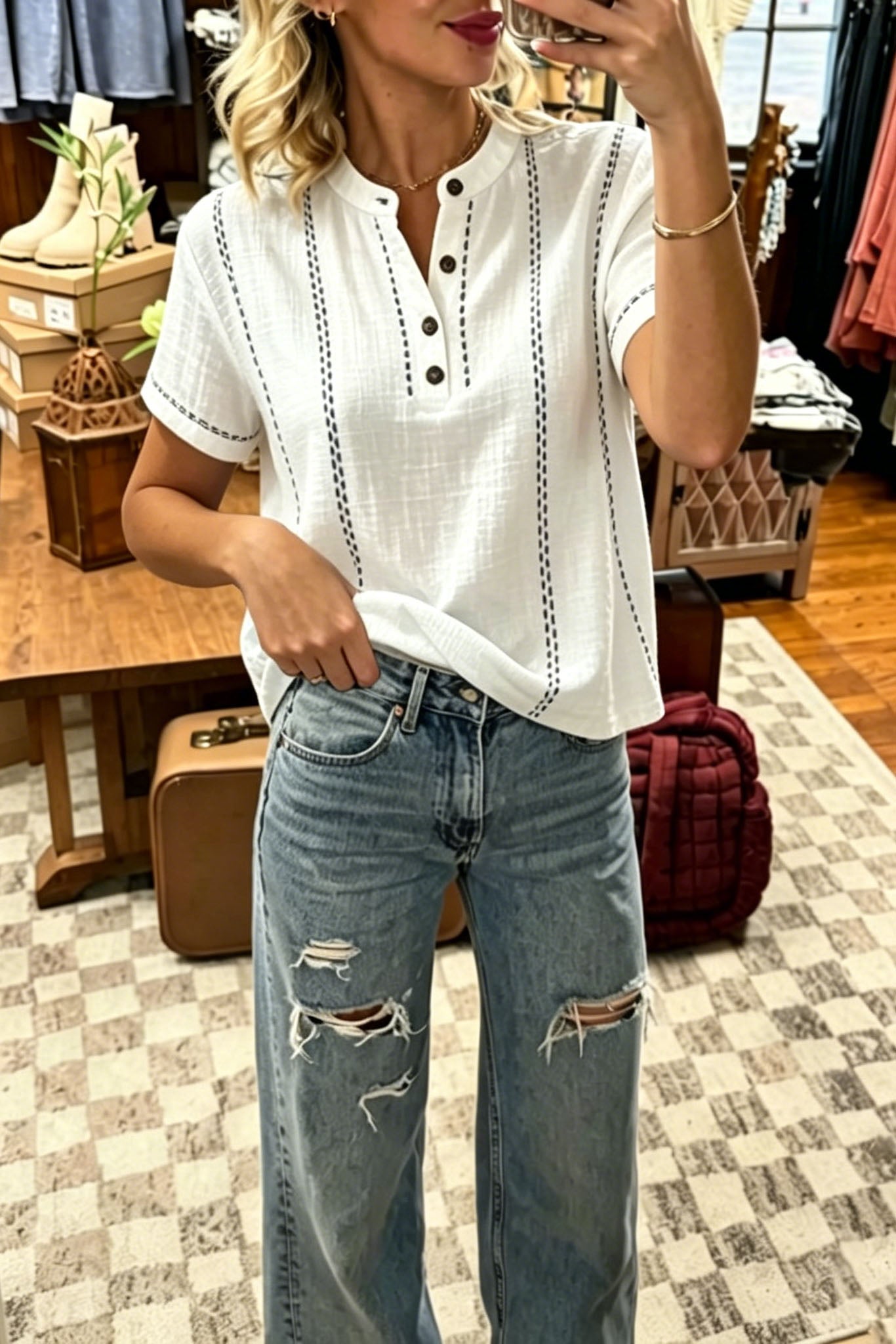 Textured Striped Button Top