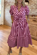 Striped Tie-Front Puff Sleeve Dress