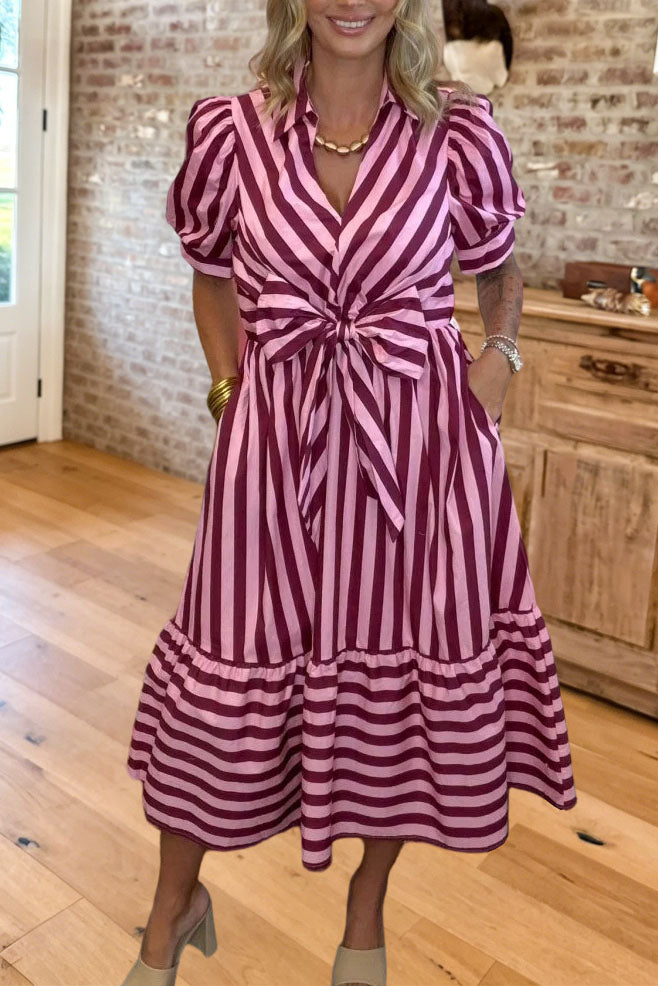Striped Tie-Front Puff Sleeve Dress