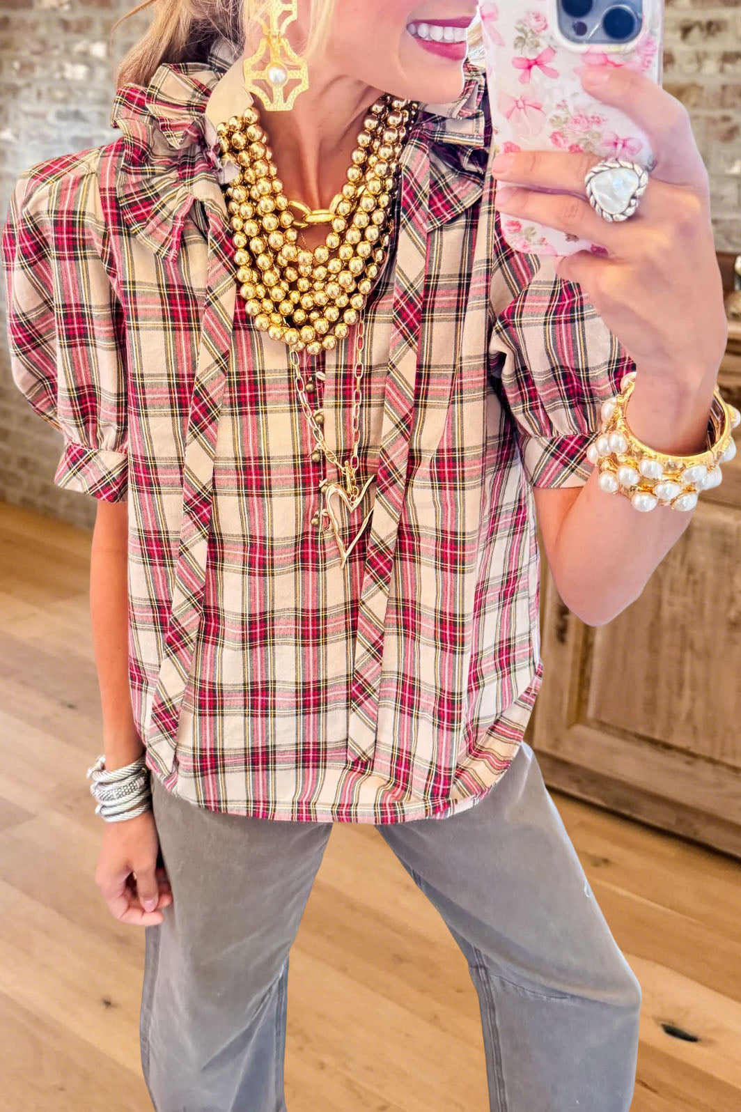 Plaid Ruffle Collar Tie Top