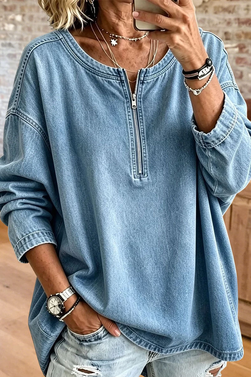 Denim Quarter Zip Oversized Top