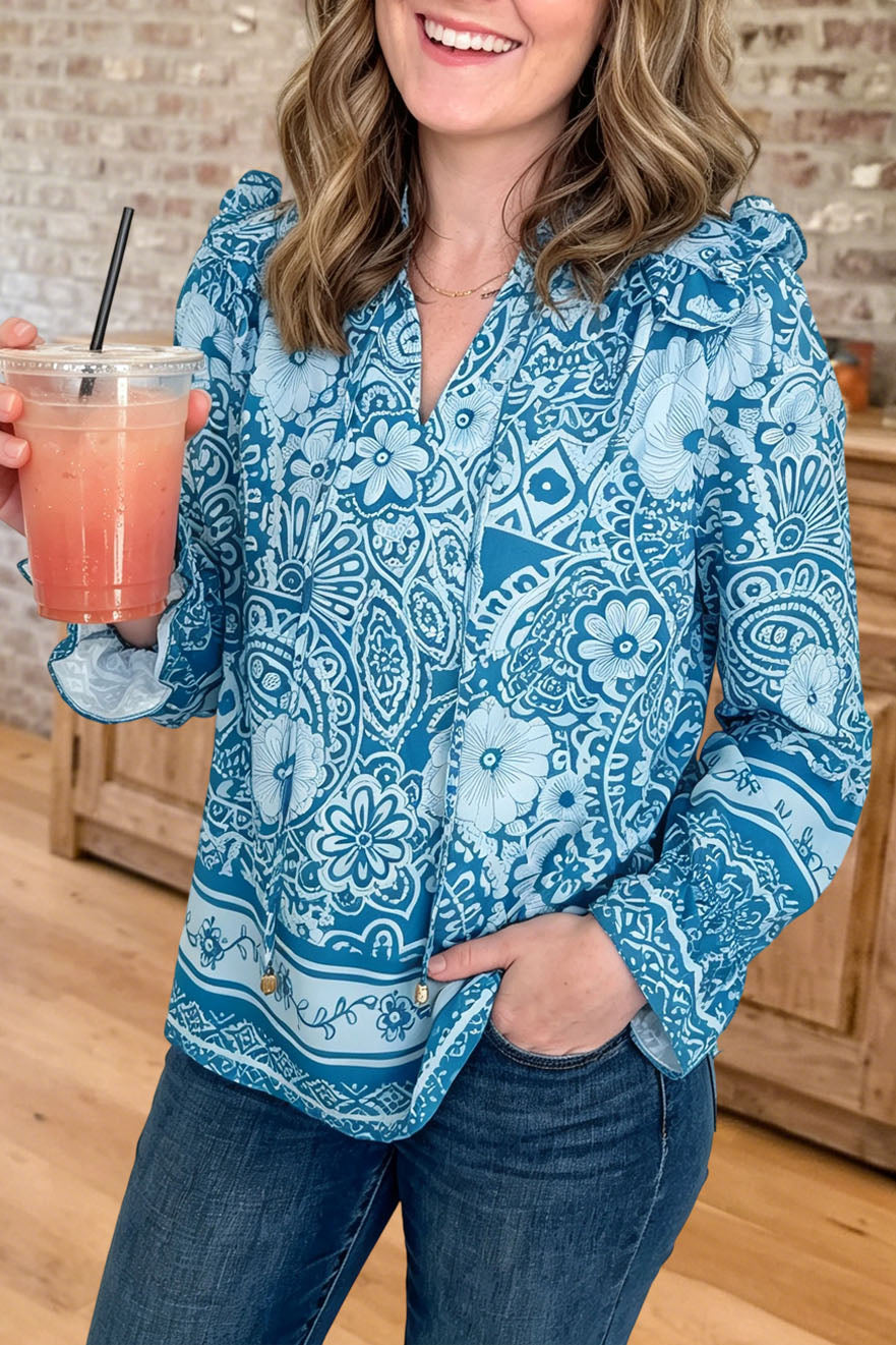 Boho Floral Print V-Neck Blouse