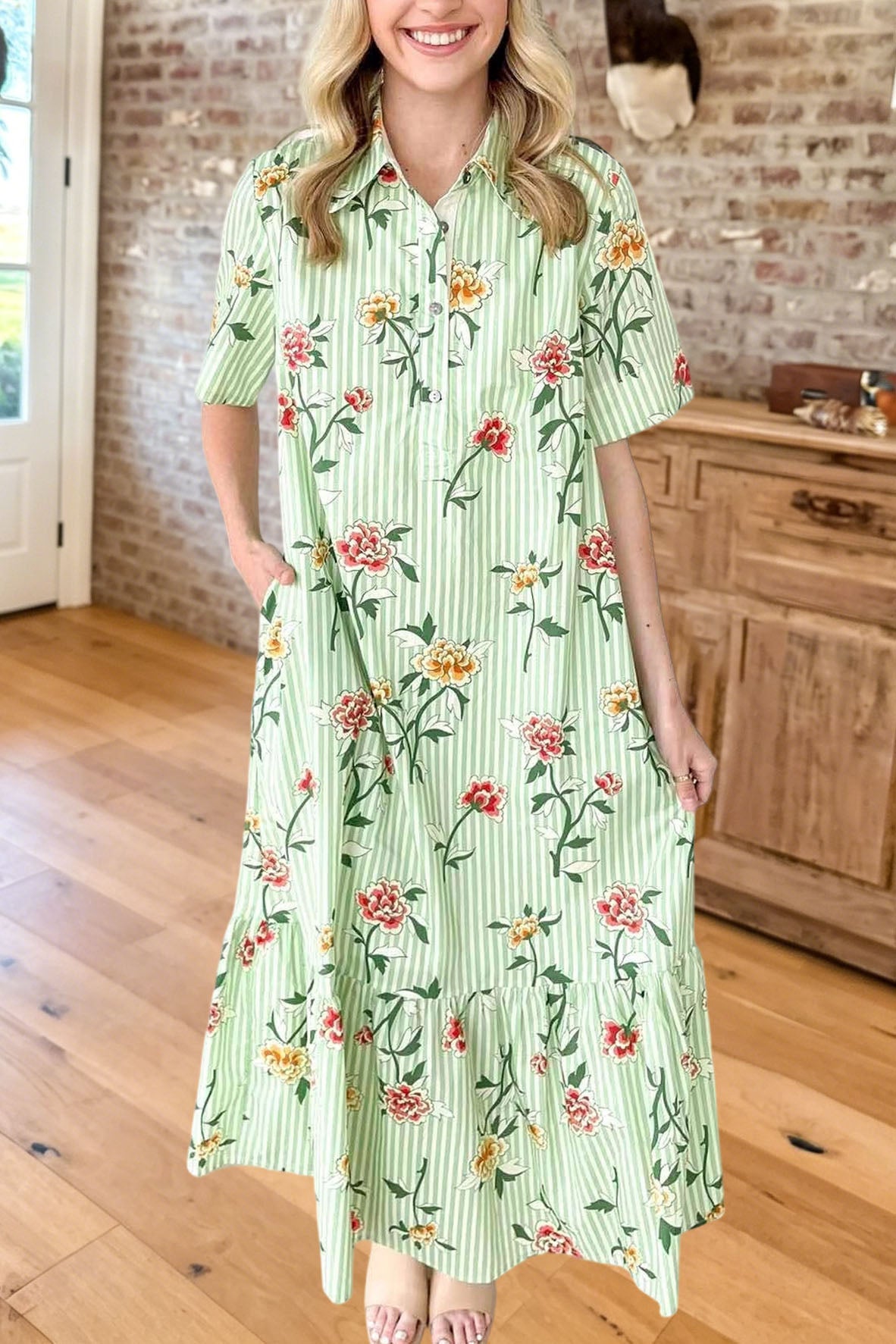 Striped Floral Collared Maxi Dress