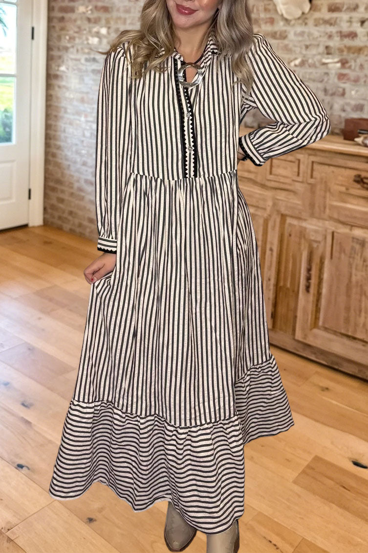 Striped Ruffle Hem Long Sleeve Maxi Dress