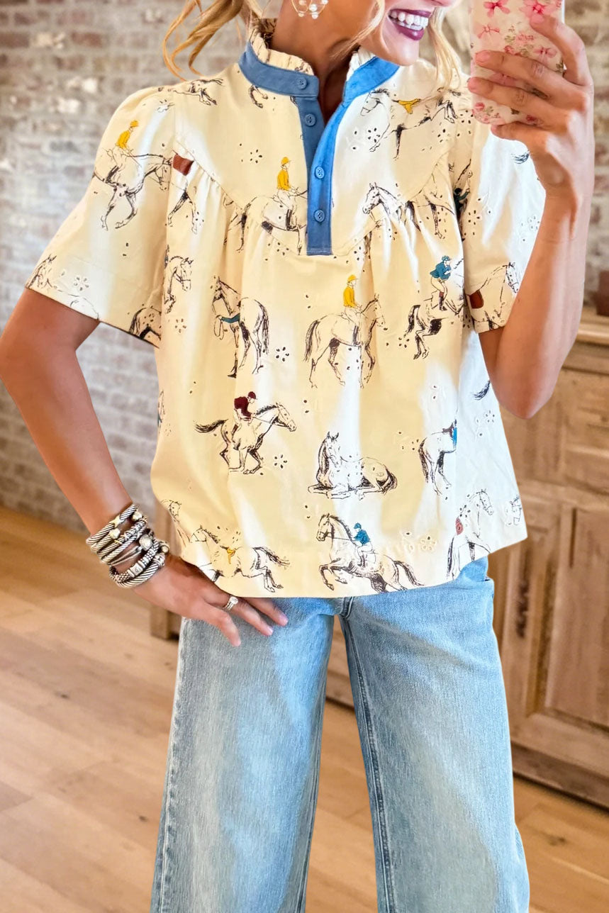 Equestrian Print Button Up Blouse