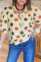 Polka Dot Puff Sleeve V Neck Blouse