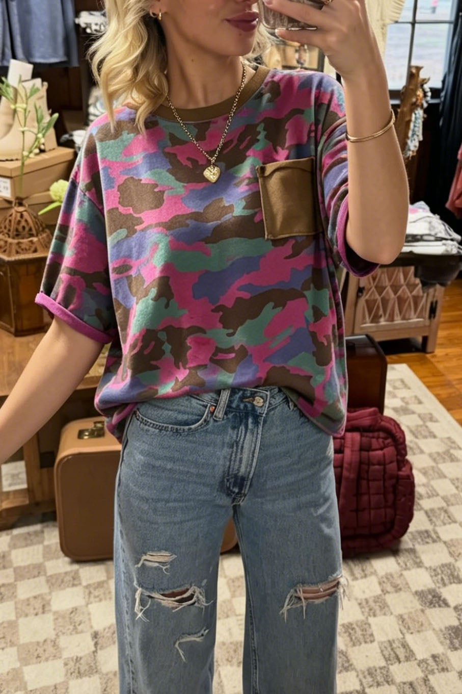 Camo Pocket Round Neck Casual Tee