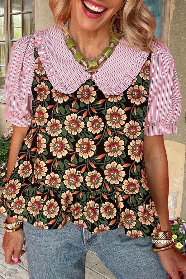Floral Striped Ruffle Collar Top