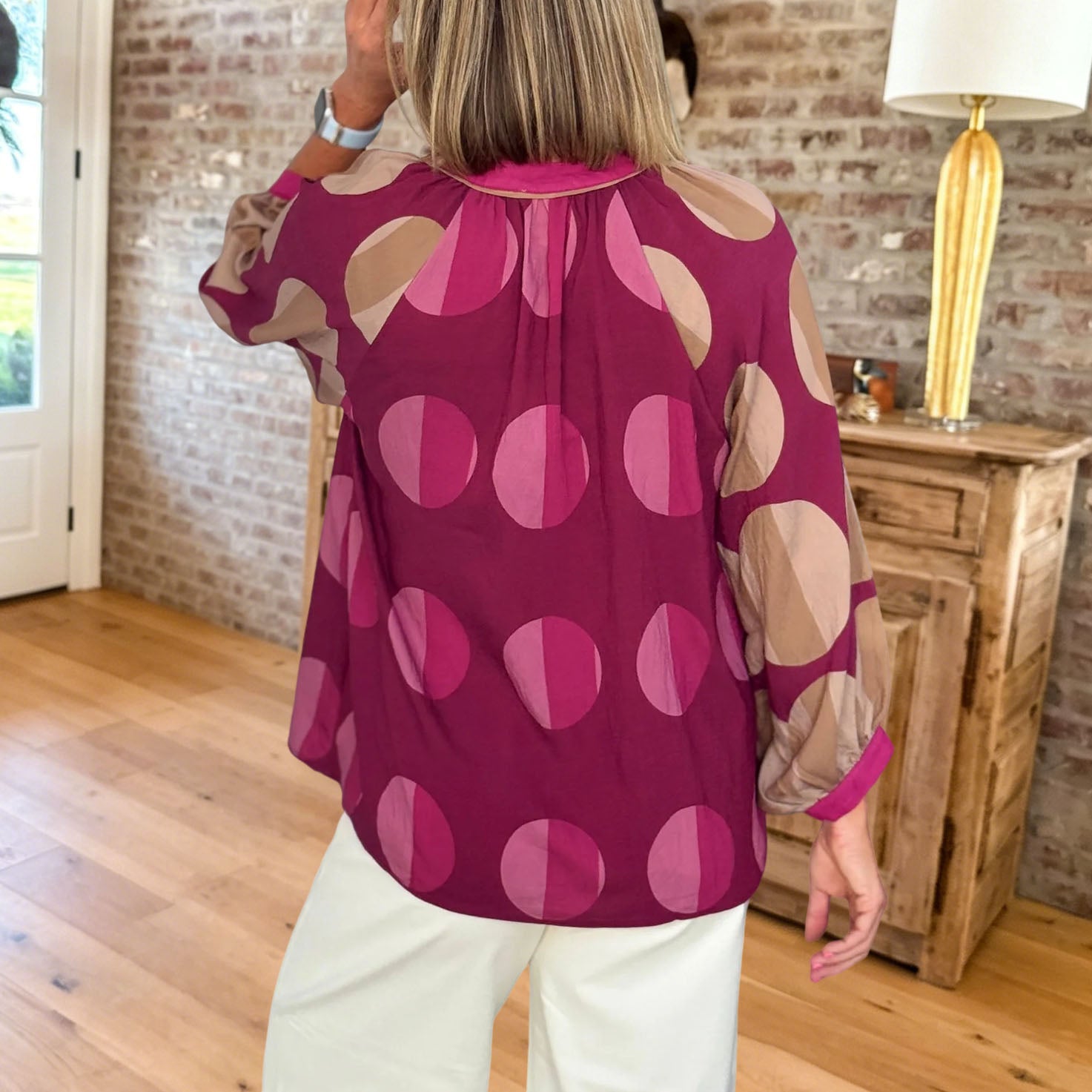 Geometric Print V Neck Blouse