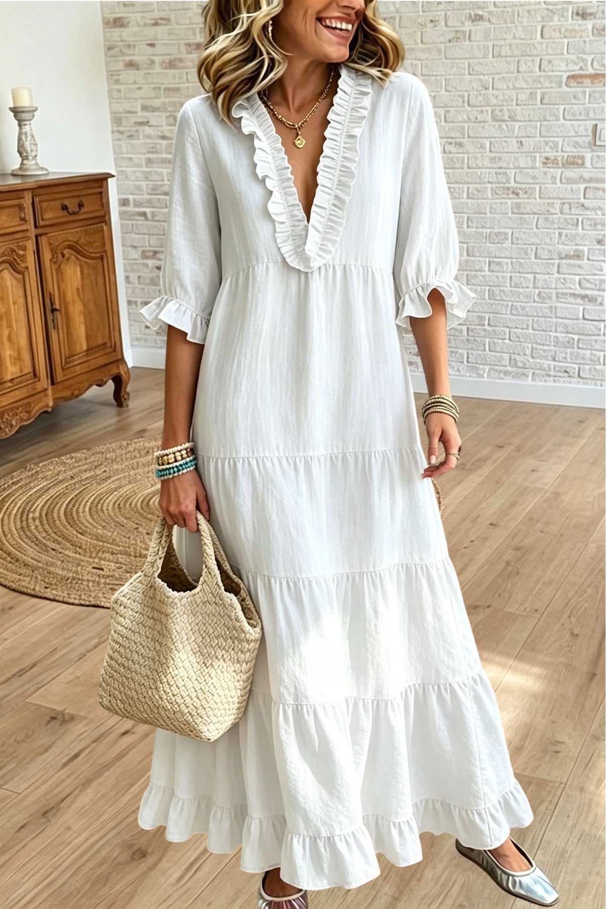 Ruffle V Neck Maxi Dress