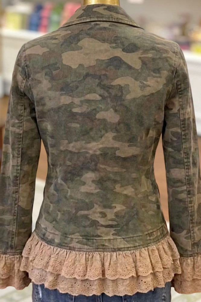 Camo Ruffle Lace Trim Casual Jacket
