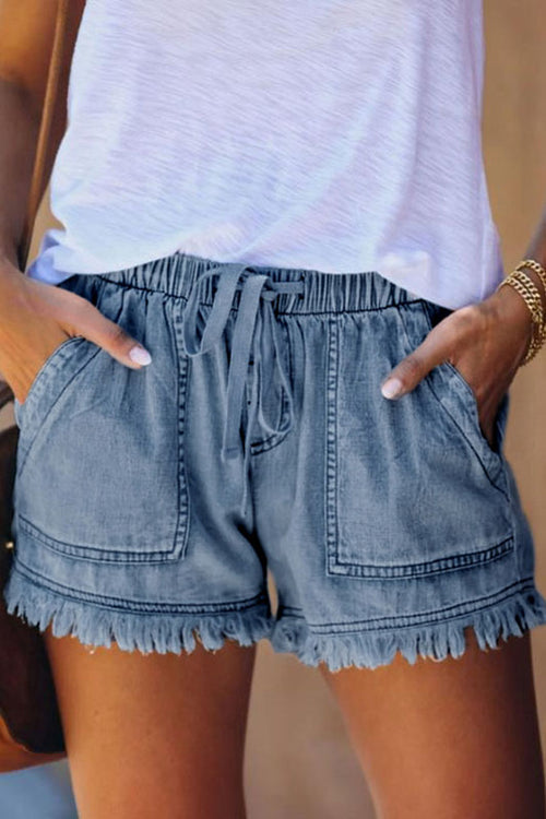 Casual Drawstring Fringe Denim Shorts