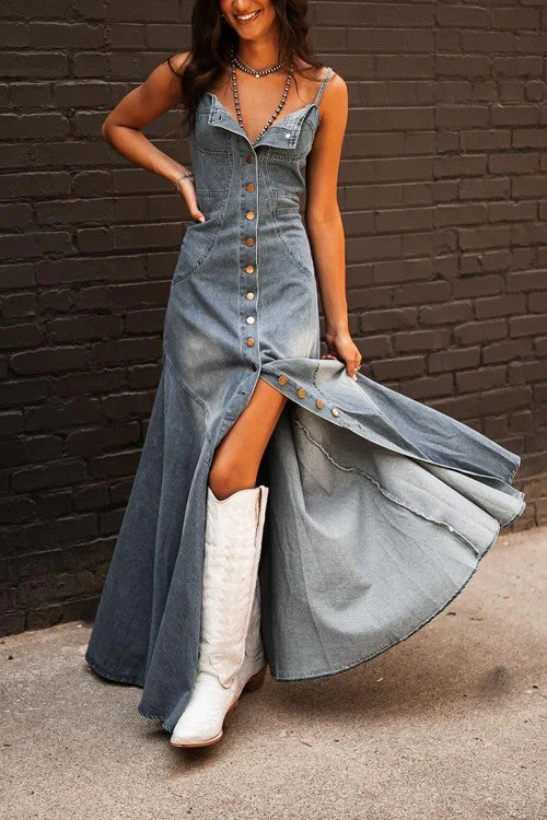 Vintage Button-Front Maxi Denim Dress