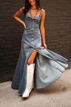 Vintage Button-Front Maxi Denim Dress