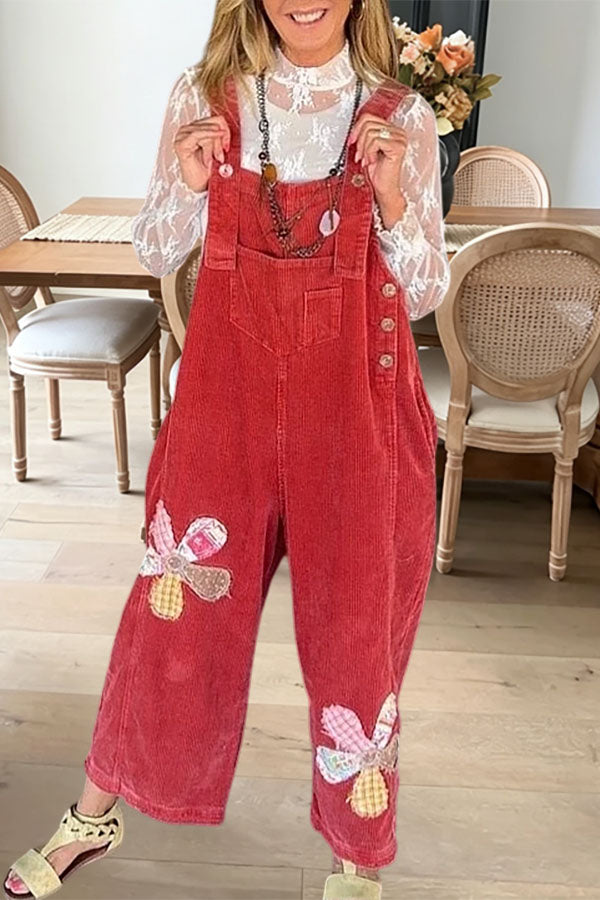 Floral Patchwork Corduroy Overalls