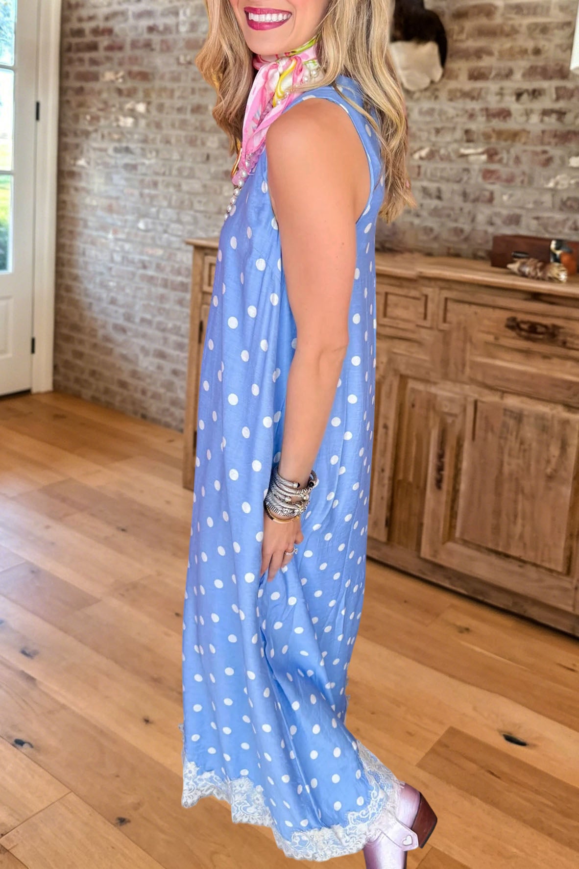 Polka Dot Lace Hem Sleeveless Maxi Dress