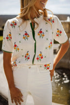 Floral Embroidered Short Sleeve Sweater