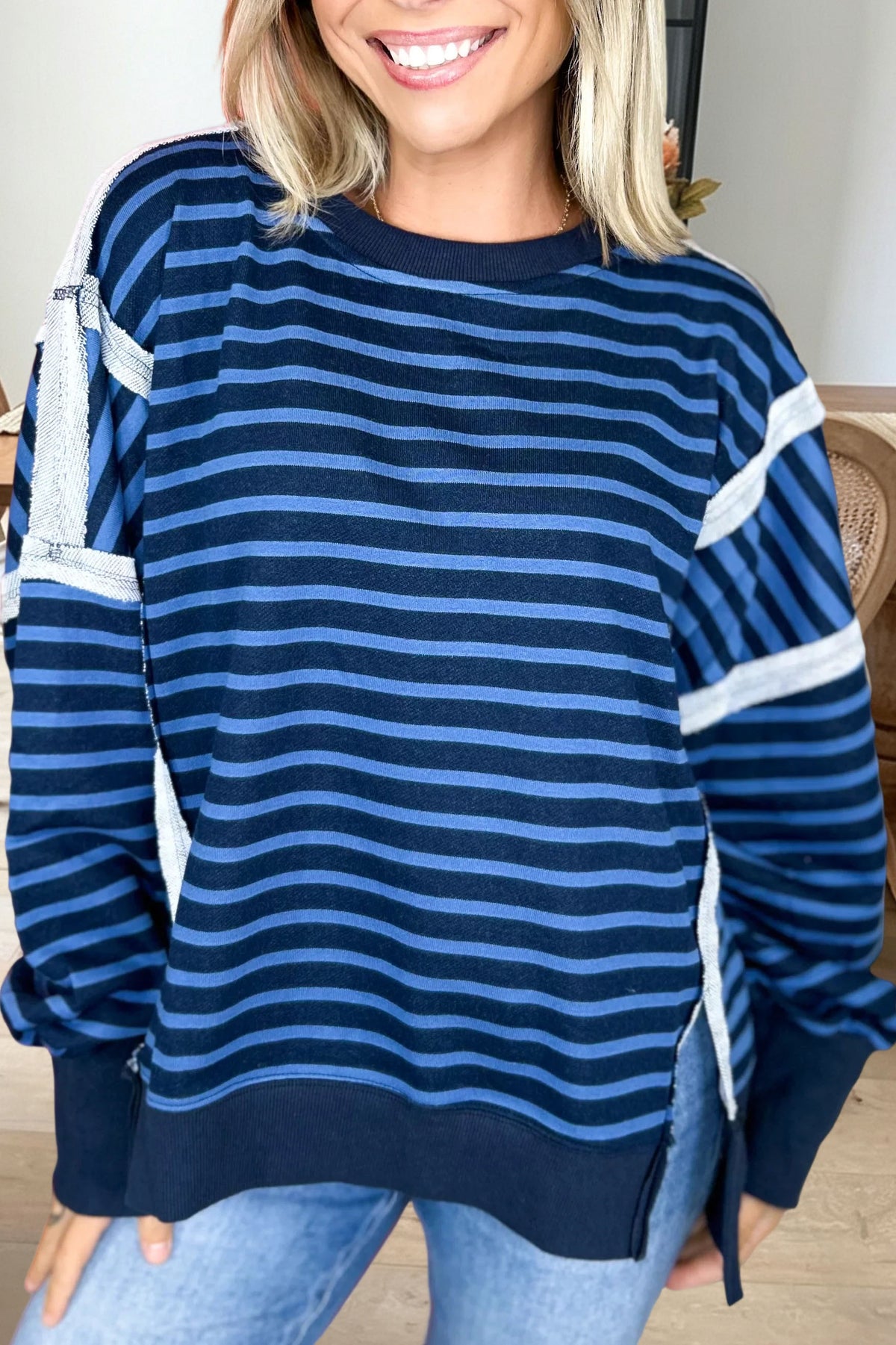 Striped Frayed Colorblock Sweatshirt