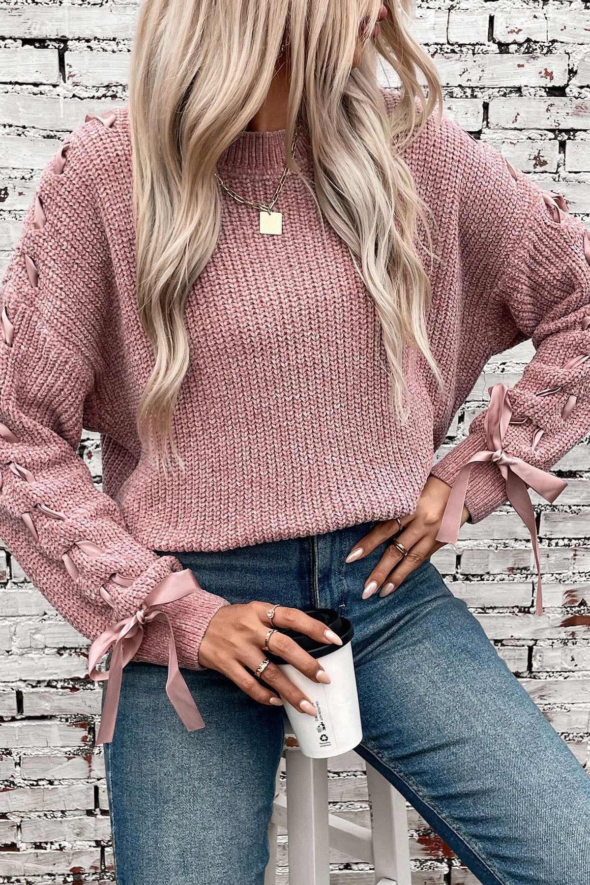 Ribbed Knit Lace-Up Bow Sleeve Sweater