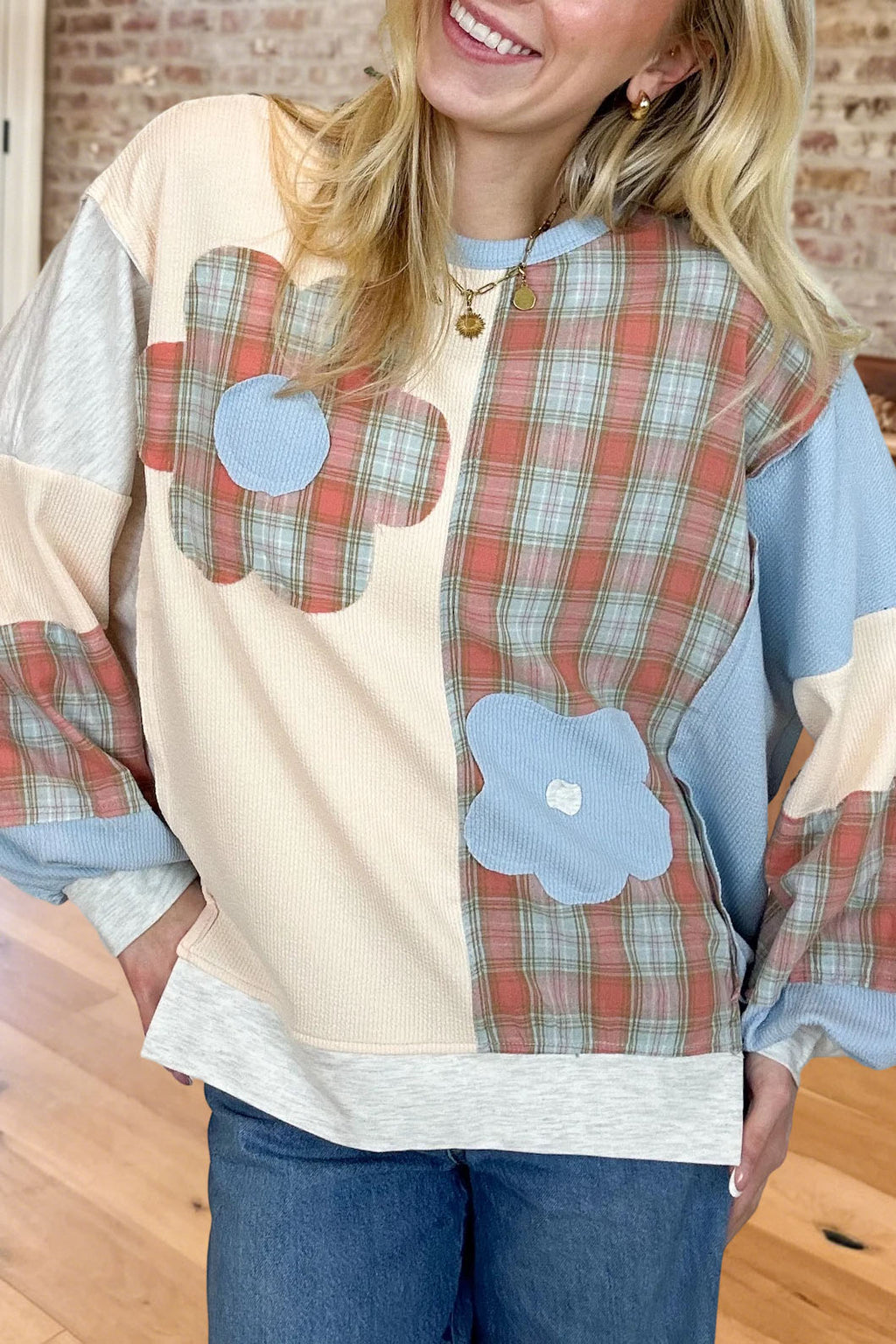 Floral Plaid Patchwork Waffle Sweatshirt