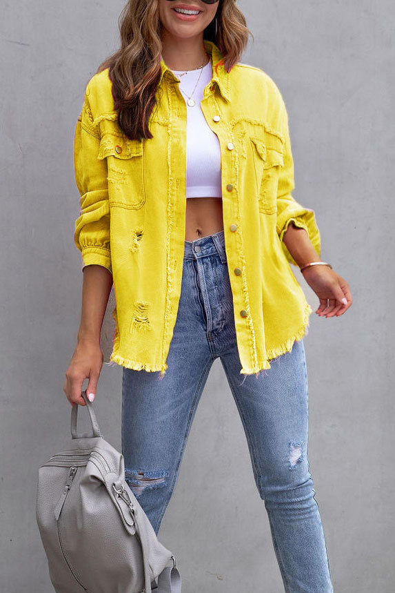 Distressed Raw Hem Denim Jacket