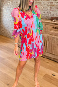 Floral Pleated V-Neck Puff Sleeve Dress
