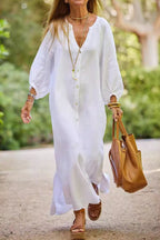 V-Neck Button Maxi Shirt Dress