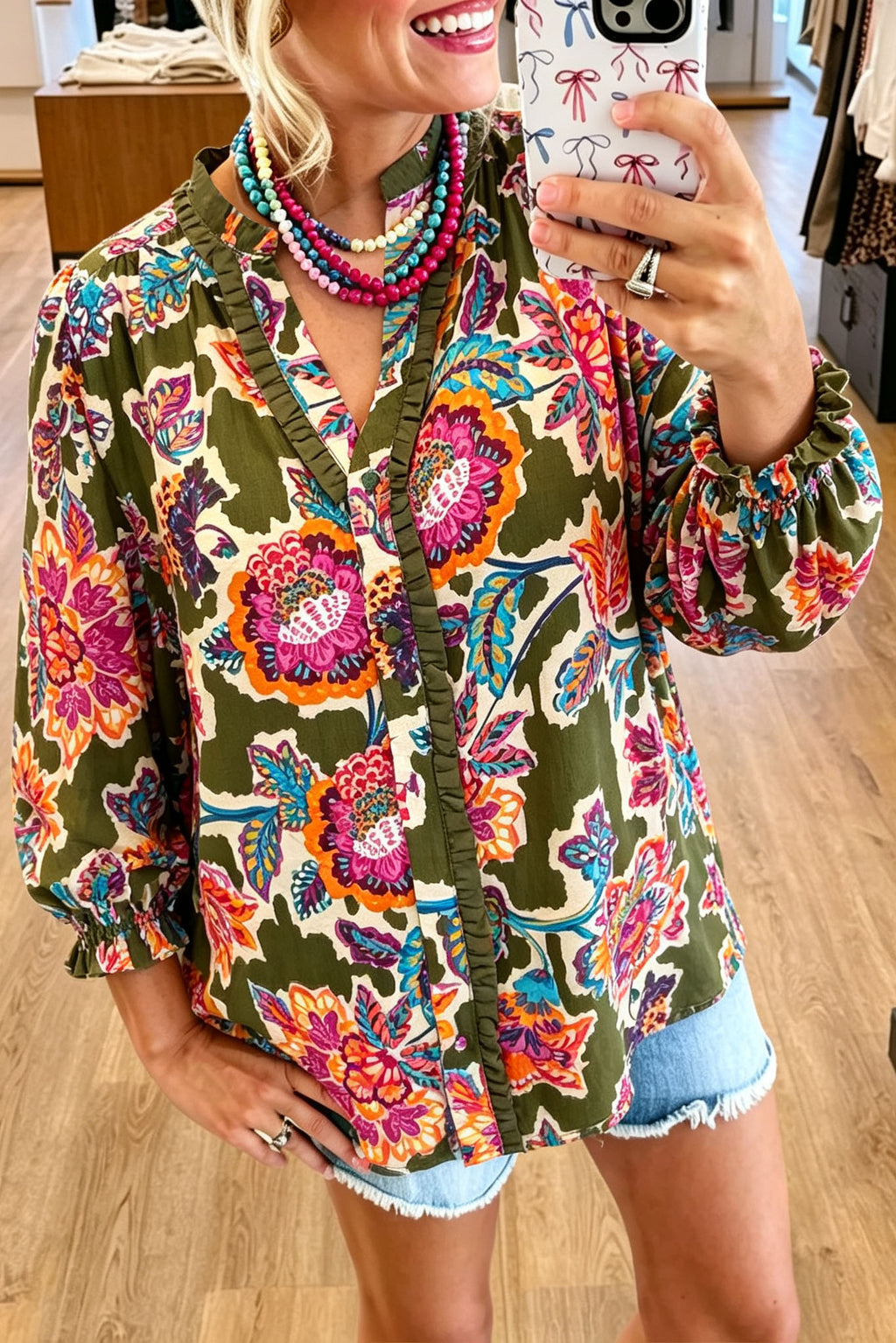Floral Ruffle V-Neck Button Blouse