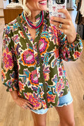Floral Ruffle V-Neck Button Blouse