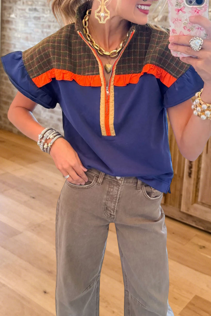 Plaid Zip Flutter Sleeve Top