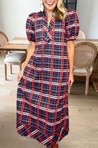 Plaid Short Sleeve V Neck Midi Dress