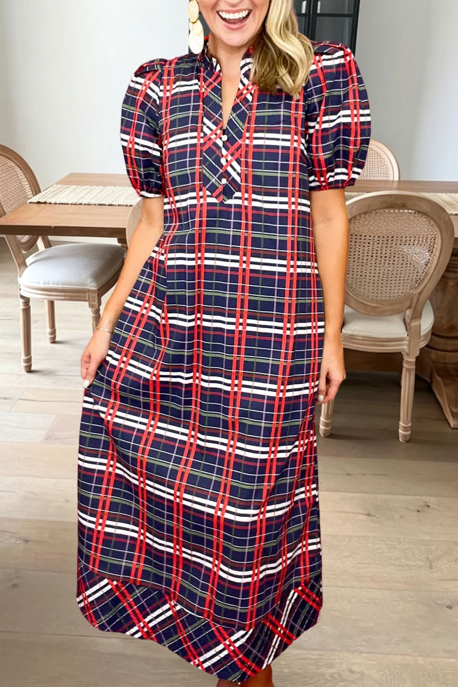 Plaid Short Sleeve V Neck Midi Dress