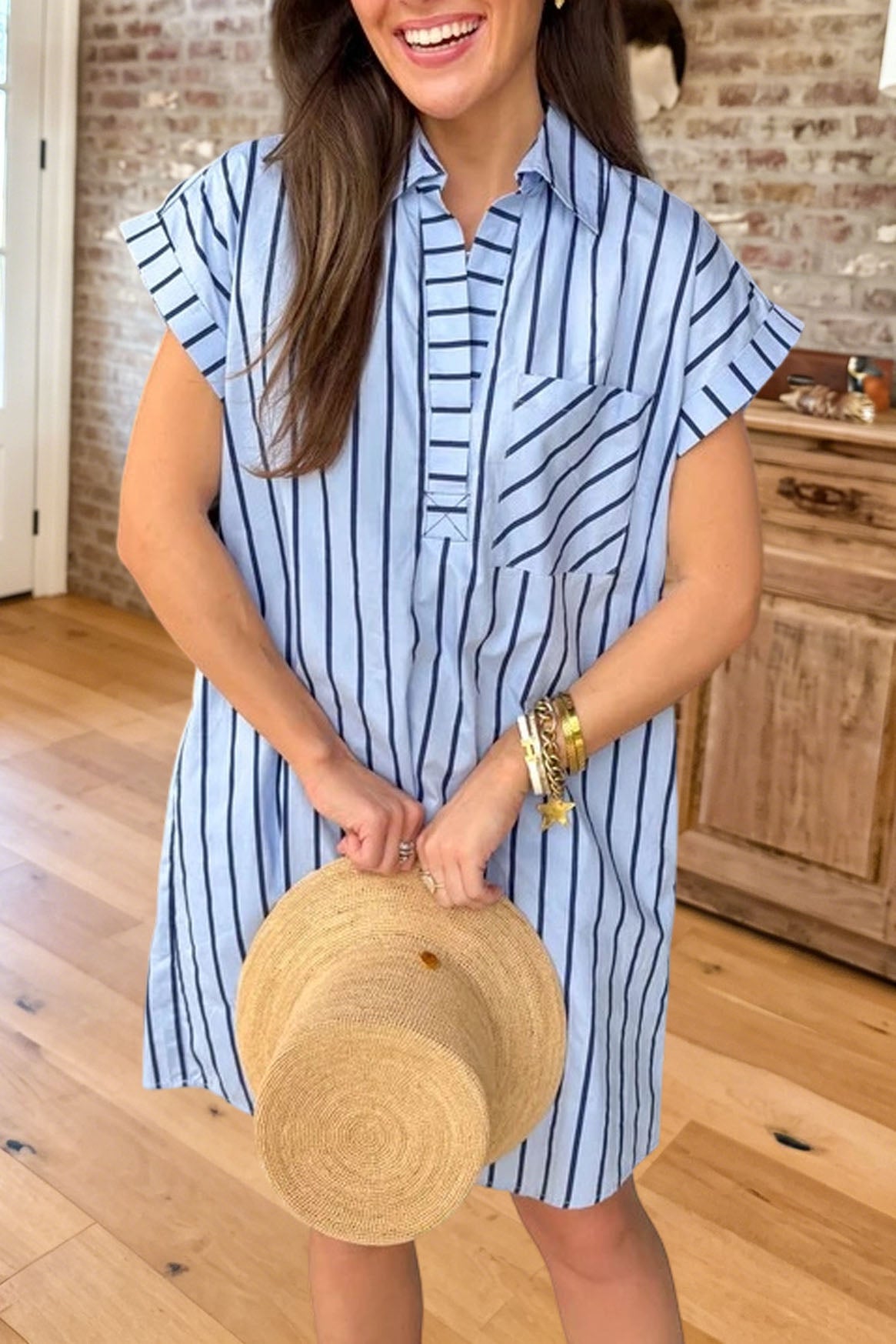 Striped Collared Shift Pocket Mini Dress
