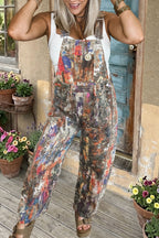 Oil Painting Printed Denim Overalls