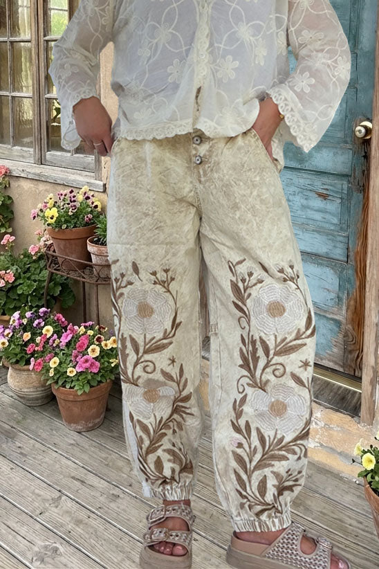 Floral Embroidered Denim Pants