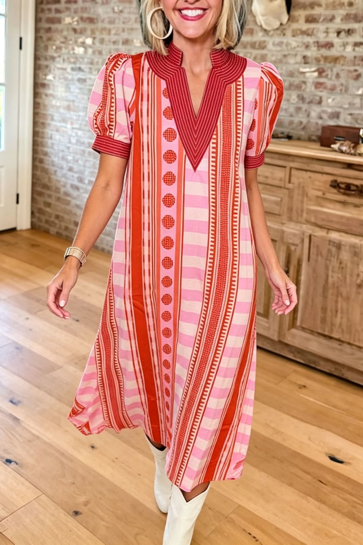 Striped Printed V Neck Midi Dress