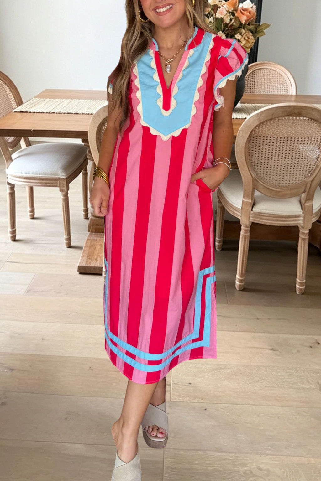 Striped Scalloped Flutter Sleeve Dress
