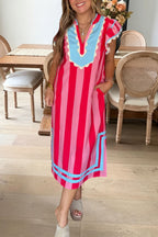 Striped Scalloped Flutter Sleeve Dress