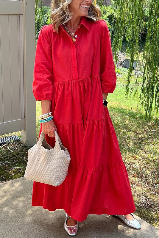 Collared Tiered Maxi Shirt Dress
