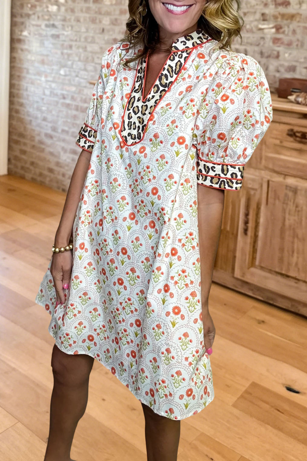 Floral Leopard Trim V-Neck Mini Dress