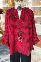 Plaid Ruffle Sleeve Lace Trim Blouse