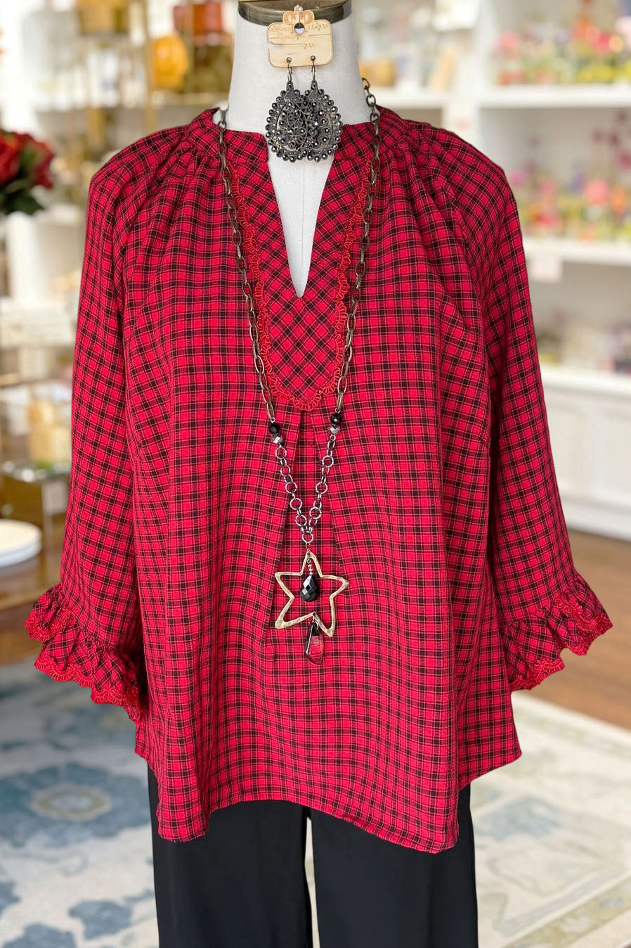 Plaid Ruffle Sleeve Lace Trim Blouse