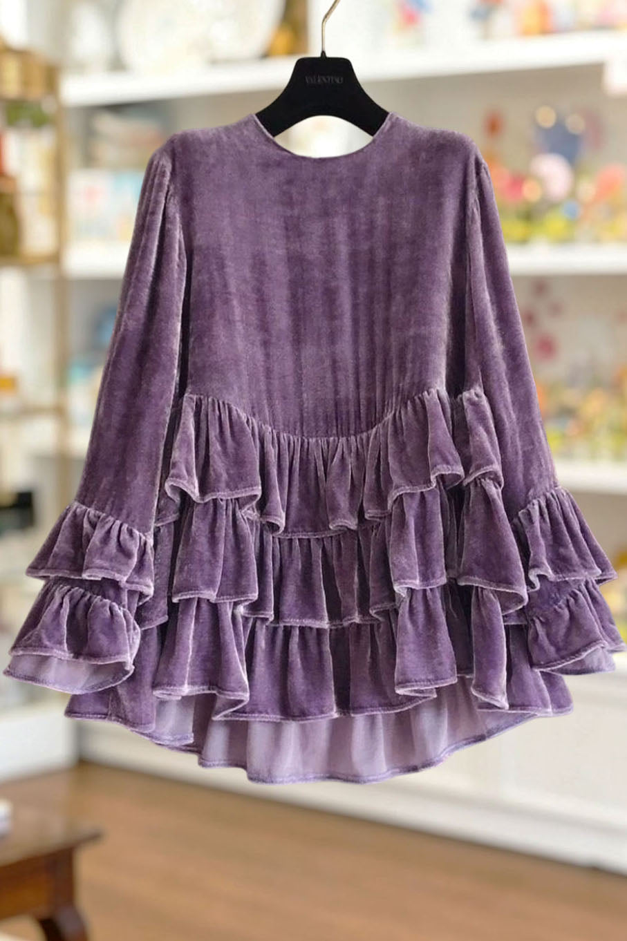Elegant Velvet Tiered Ruffled Long Sleeve Top