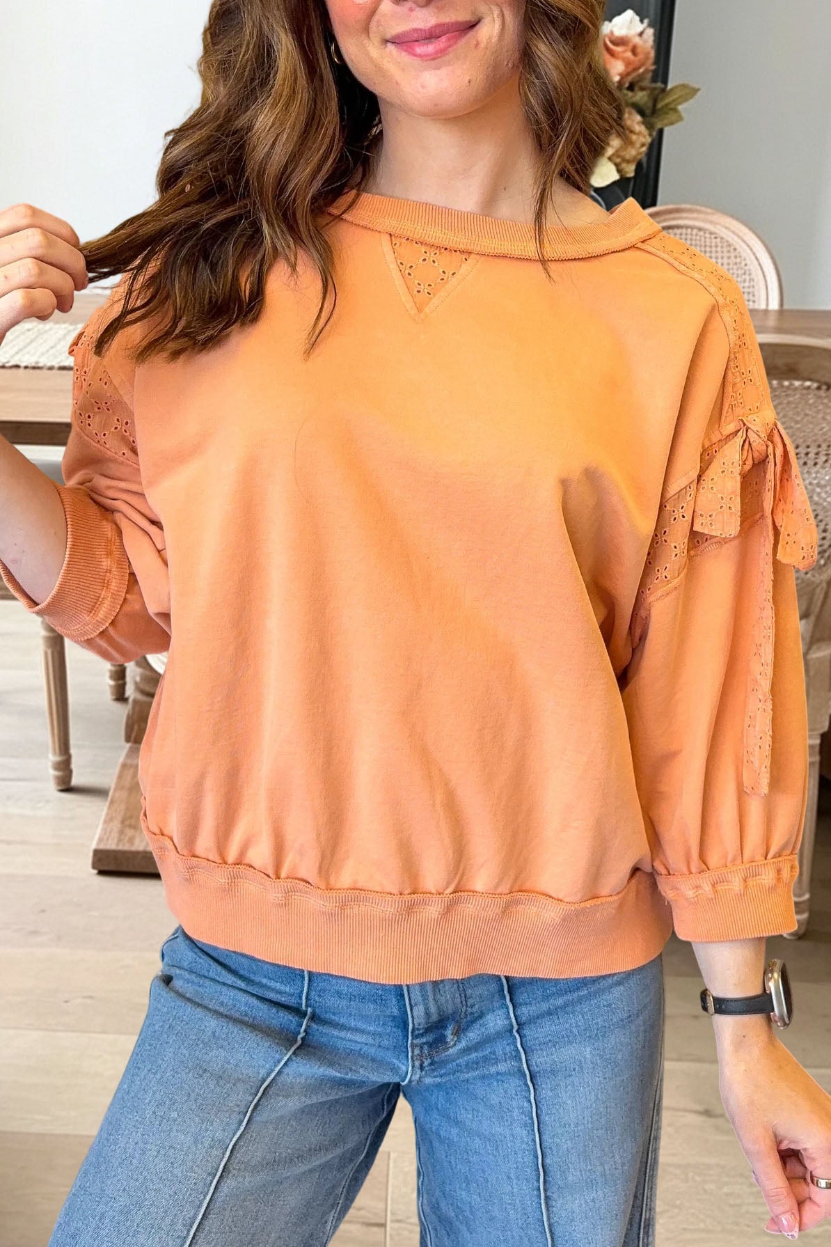 Ruffle Eyelet Sleeve Pullover Sweatshirt
